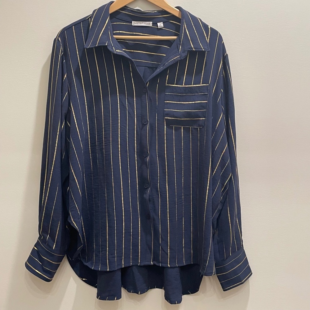 Notations Woman Navy Blue‎ Gold Metallic Striped Button Down Shirt Plus Size 2X